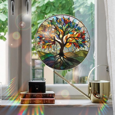 Tree Of Life Window Film Colorful Stained Glass Style Static Cling Suncatcher Double Sided Decoration Removable Non Adhesive