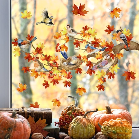 Herbst Ahornblätter Vögel Fensterbilder Statisch PVC Doppelseitig Glasaufkleber Herbstdeko Für Zuhause Schaufenster Display