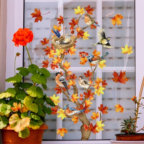 Herbst Ahornblätter Vögel Fensterbilder Statisch PVC Doppelseitig Glasaufkleber Herbstdeko Für Zuhause Schaufenster Display