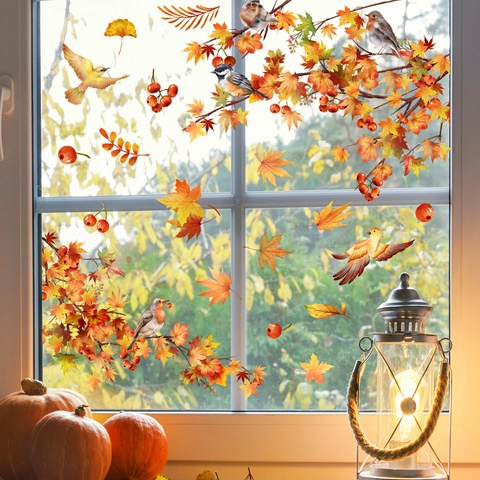 Pegatina de Ventana Estática de Otoño Hoja de Arce Pájaro PVC Doble Cara Removible Sin Pegamento Decoración Hogar Tienda