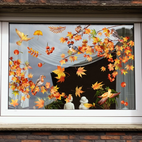 Pegatina de Ventana Estática de Otoño Hoja de Arce Pájaro PVC Doble Cara Removible Sin Pegamento Decoración Hogar Tienda