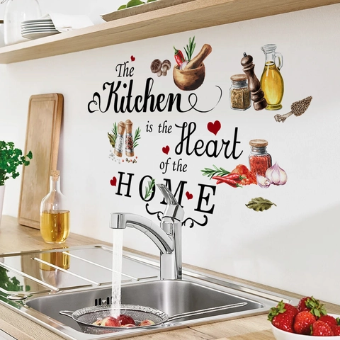 Adesivi Murali The Kitchen Is The Heart Of The Home In PVC Rimovibile Con Verdure Acquerello Per Decorazione Cucina Casa