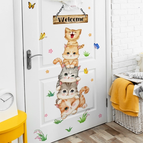 Cute Cartoon Cats Butterflies Wall Sticker PVC Waterproof Welcome Door Decal For Kids Room Nursery Home Decor