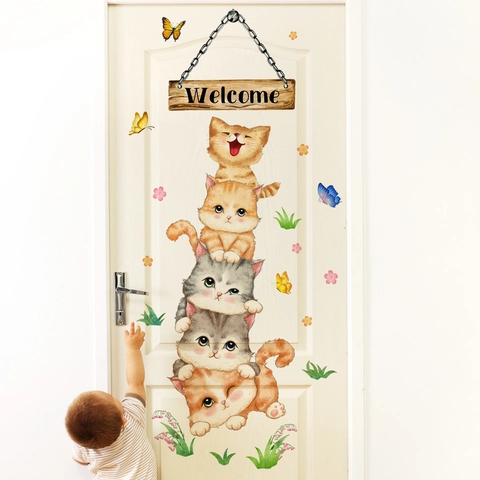 Cute Cartoon Cats Butterflies Wall Sticker PVC Waterproof Welcome Door Decal For Kids Room Nursery Home Decor