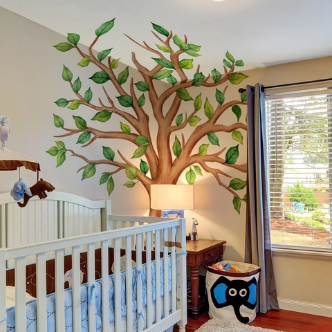 Grands Autocollants Muraux Arbre Vert PVC Amovibles Auto-Adhésifs Pour Décor De Chambre D'enfant Pépinière Style Aquarelle