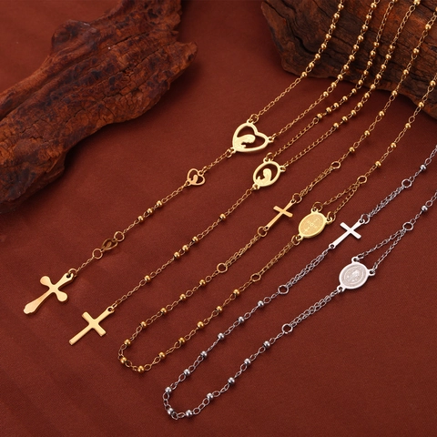 Collar de Rosario Religioso de Acero de Titanio Vintage Oro Plata Cruz Medalla San Benito Colgante Corazón Cadena Mujeres