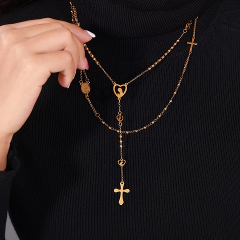 Collar de Rosario Religioso de Acero de Titanio Vintage Oro Plata Cruz Medalla San Benito Colgante Corazón Cadena Mujeres
