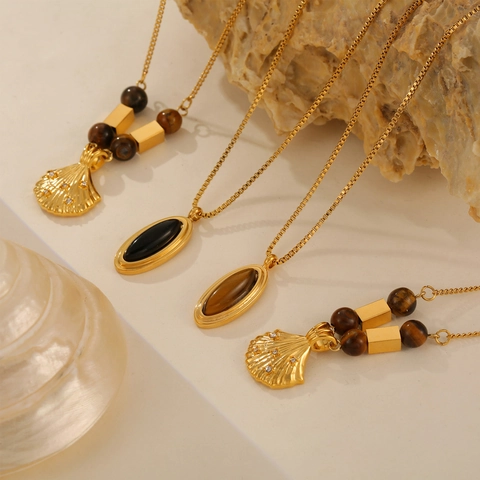Vintage Titanium Steel 18K Gold Plated Necklace For Women Tiger's Eye Black Glass Oval Shell Zirconia Pendant Clavicle Chain