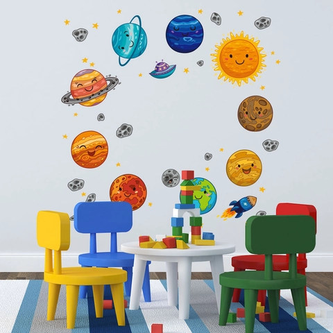 Cartoon Outer Space Solar System Wall Stickers For Kids Room Planet Rocket UFO Star PVC Self-Adhesive Removable Decoration