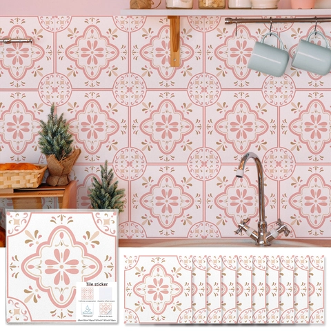Pink Vintage Mandala Floral Tile Stickers Waterproof Self Adhesive PVC Wall Decals For Kitchen Bathroom Home Decor