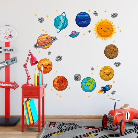 Cartoon Outer Space Solar System Wall Stickers For Kids Room Planet Rocket UFO Star PVC Self-Adhesive Removable Decoration