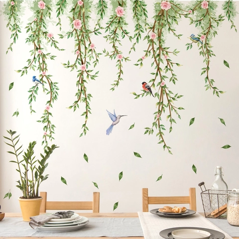 Adesivo da Parete in PVC Pastorale Pianta Fiore Vite Uccelli Colorati Pendenti Decalcomania Decorativa per Soggiorno Camera da Letto Cucina