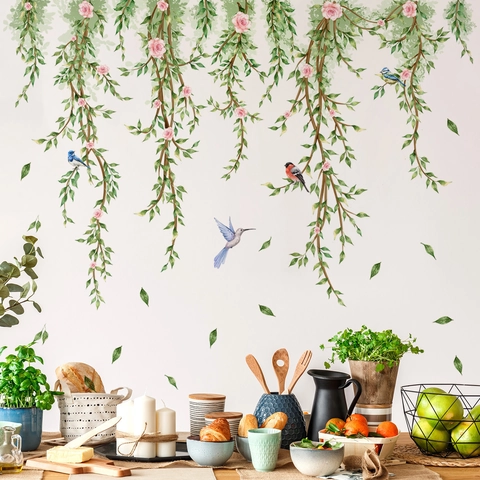 Adesivo da Parete in PVC Pastorale Pianta Fiore Vite Uccelli Colorati Pendenti Decalcomania Decorativa per Soggiorno Camera da Letto Cucina