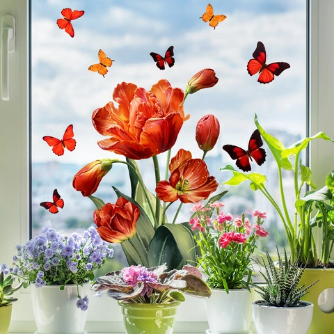 Adesivi per Finestre con Fiori di Tulipano e Farfalle Adesione Statica PVC Vetrofanie Decorative per la Casa Soggiorno Bagno