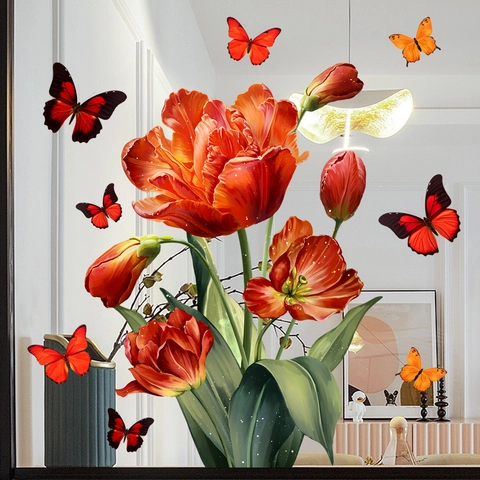 Adesivi per Finestre con Fiori di Tulipano e Farfalle Adesione Statica PVC Vetrofanie Decorative per la Casa Soggiorno Bagno