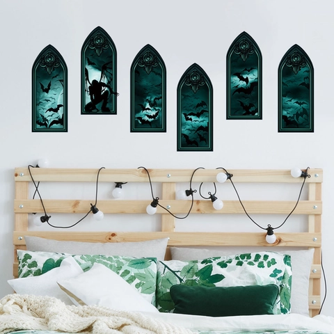 Halloween Wall Stickers Gothic Arched Window Bat Silhouettes PVC Removable Self Adhesive Decals Mystery Home Decor