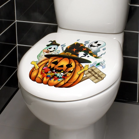 Autocollant de Toilette Halloween Citrouille Fantôme Avec Signe Chasse d'eau Dessin PVC Imperméable Décoration Maison