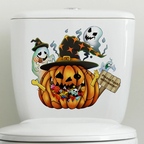 Autocollant de Toilette Halloween Citrouille Fantôme Avec Signe Chasse d'eau Dessin PVC Imperméable Décoration Maison