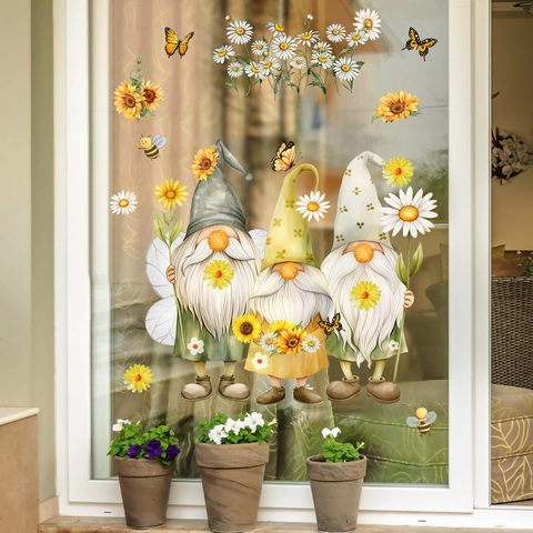 Sunflower Gnome Window Stickers Static Cling PVC Reversible Floral Bee Butterfly Spring Home Decor