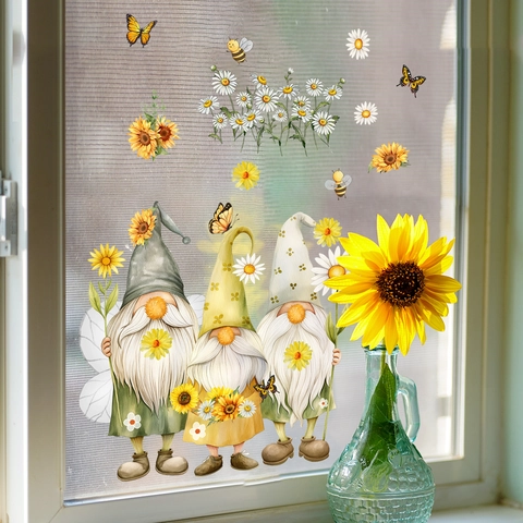 Sunflower Gnome Window Stickers Static Cling PVC Reversible Floral Bee Butterfly Spring Home Decor