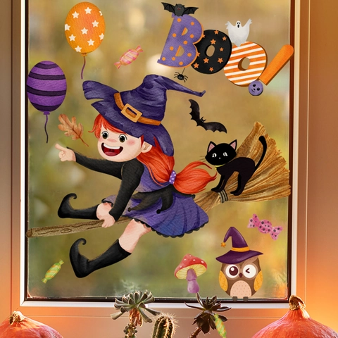 Halloween Window Clings Static Stickers PVC Double Sided Cartoon Witch Pumpkin Ghost Removable Home Decor Party Supplies