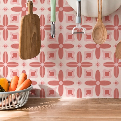 Pegatinas De Azulejos Autoadhesivas PVC Impermeable Rosa Vintage Geométrico Floral Calcomanías De Pared Cocina Baño Decoración