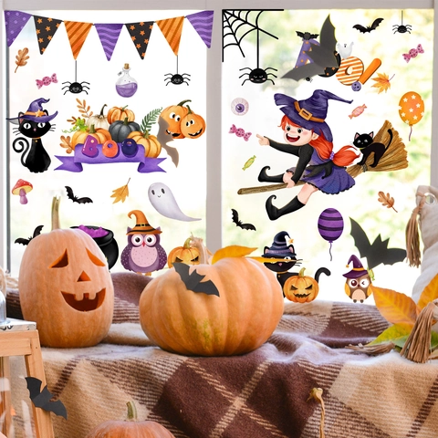Halloween Window Clings Static Stickers PVC Double Sided Cartoon Witch Pumpkin Ghost Removable Home Decor Party Supplies