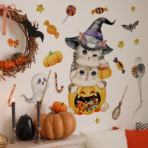 Halloween Cartoon Katze Kürbis Geist Fledermaus Wandaufkleber PVC Abnehmbare Aquarell Aufkleber Für Kinderzimmer Deko Party