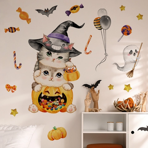 Halloween Cartoon Katze Kürbis Geist Fledermaus Wandaufkleber PVC Abnehmbare Aquarell Aufkleber Für Kinderzimmer Deko Party