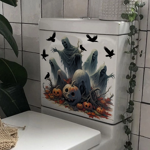 Adesivo per WC Halloween Fantasma Zucca Corvo Impermeabile in PVC per Bagno Casa Decorazione Festiva Arte Murale Rimovibile