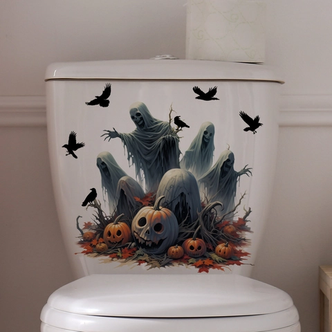 Adesivo per WC Halloween Fantasma Zucca Corvo Impermeabile in PVC per Bagno Casa Decorazione Festiva Arte Murale Rimovibile