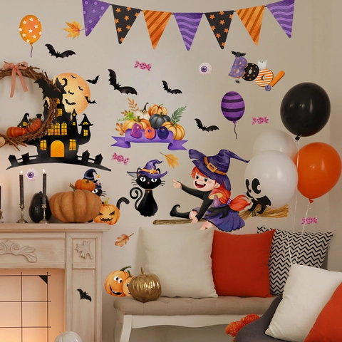 Halloween Wall Stickers PVC Removable Cartoon Witch Pumpkin Bat Castle For Home Party Window Decoration Self Adhesive