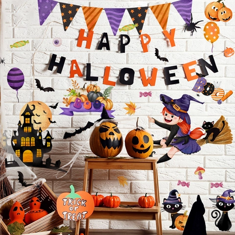Halloween Wall Stickers PVC Removable Cartoon Witch Pumpkin Bat Castle For Home Party Window Decoration Self Adhesive