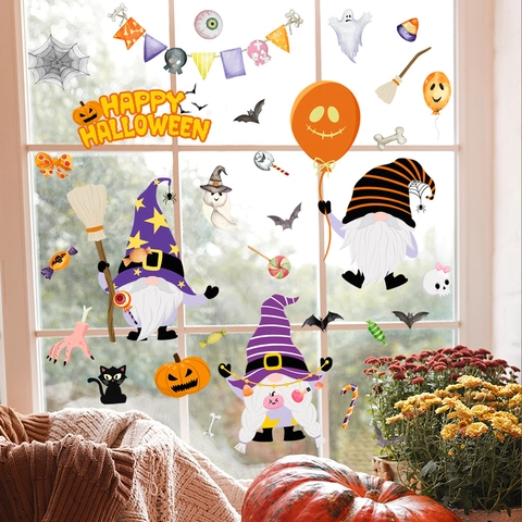 Halloween Window Stickers Static Cling Decals PVC Cartoon Gnome Pumpkin Ghost Bat Party Glass Decoration Removable