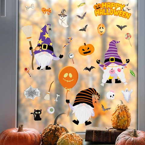 Halloween Window Stickers Static Cling Decals PVC Cartoon Gnome Pumpkin Ghost Bat Party Glass Decoration Removable