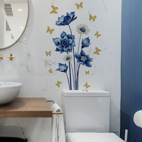 Pegatina de Pared para Baño Creativa Flores Azules Mariposa Purpurina Dorada PVC Impermeable Autoadhesiva Decoración Hogar para Puerta de Vidrio