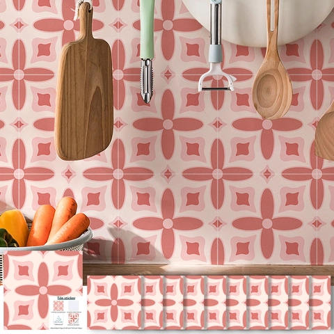 Pegatinas De Azulejos Autoadhesivas PVC Impermeable Rosa Vintage Geométrico Floral Calcomanías De Pared Cocina Baño Decoración