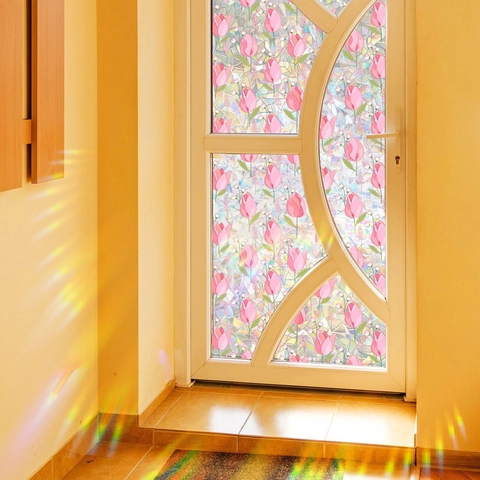 Rainbow Prism Window Film Pink Tulip Static Cling Privacy Glass Sticker Decorative Sun Catcher Home Window Decal