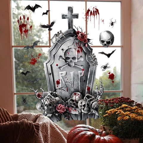 Halloween Tombstone Skull Window Clings Spooky Blood Handprint Bat Static PVC Decal Halloween Party Window Wall Decoration