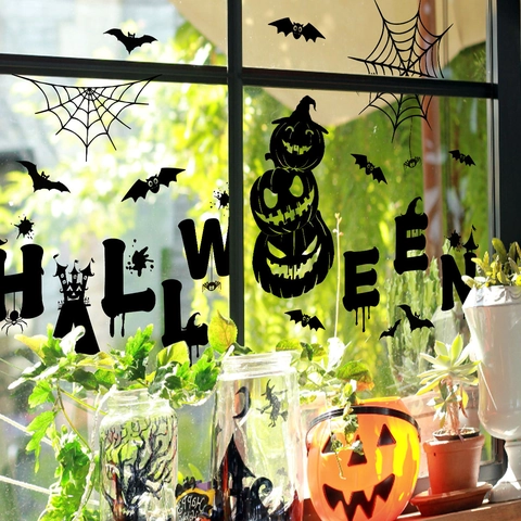 Adesivi per Finestre Silhouette Halloween Zucca Pipistrello Ragnatela Nera Decalcomanie Statiche per Vetro Festa Casa Decorazione