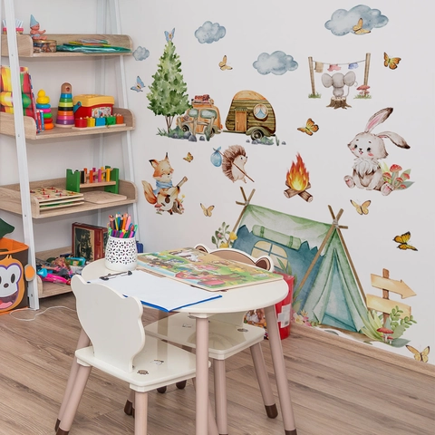 Aquarell Cartoon Waldtiere Camping Wandaufkleber PVC Selbstklebende Dekoration Für Kinderzimmer Fuchs Hase Zelt Thema