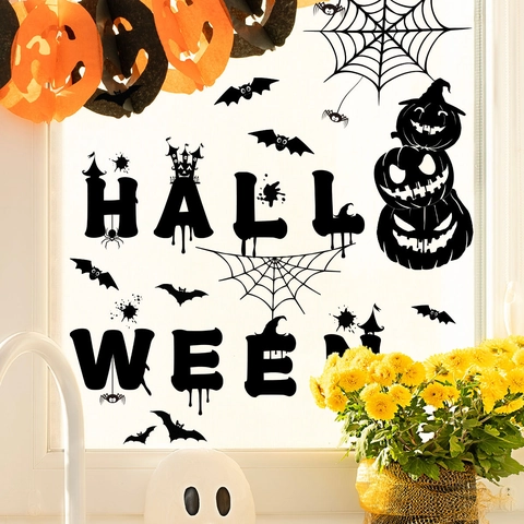 Adesivi per Finestre Silhouette Halloween Zucca Pipistrello Ragnatela Nera Decalcomanie Statiche per Vetro Festa Casa Decorazione