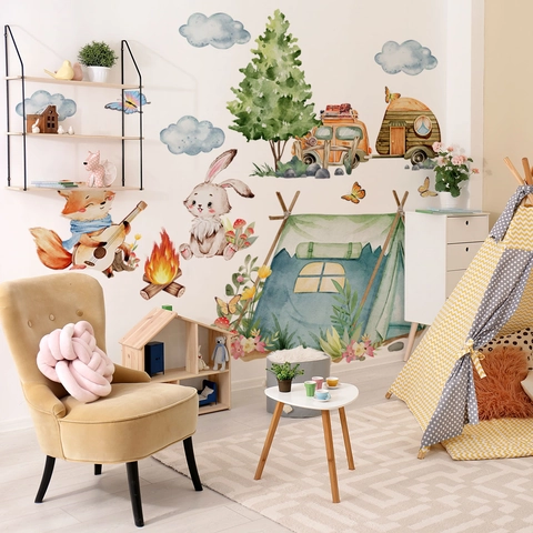 Aquarell Cartoon Waldtiere Camping Wandaufkleber PVC Selbstklebende Dekoration Für Kinderzimmer Fuchs Hase Zelt Thema