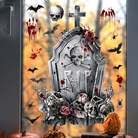 Halloween Tombstone Skull Window Clings Spooky Blood Handprint Bat Static PVC Decal Halloween Party Window Wall Decoration