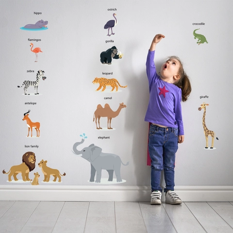 Pegatinas de Pared Educativas Animales Dibujos Animados PVC Impermeable Nombres Inglés Calcomanías Para Dormitorio Niños Decoración Pared