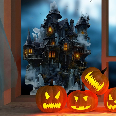 Halloween Haunted Castle Wall Sticker Ghost Bat PVC Decorative Window Decal Gothic Mystery Party Home Decor
