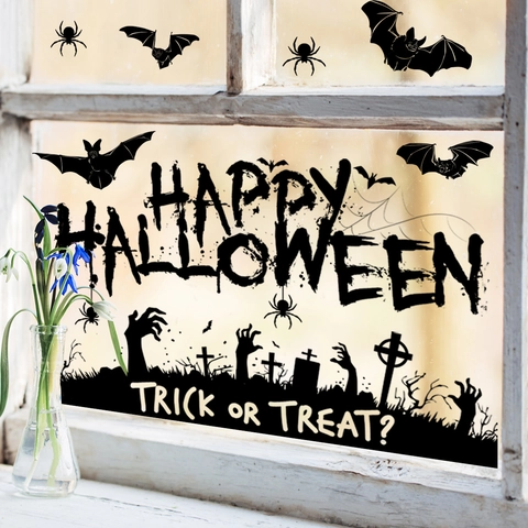 Halloween Window Stickers PVC Silhouette Happy Halloween Bats Spiders Decals For Glass Surface Party Decor Novelty