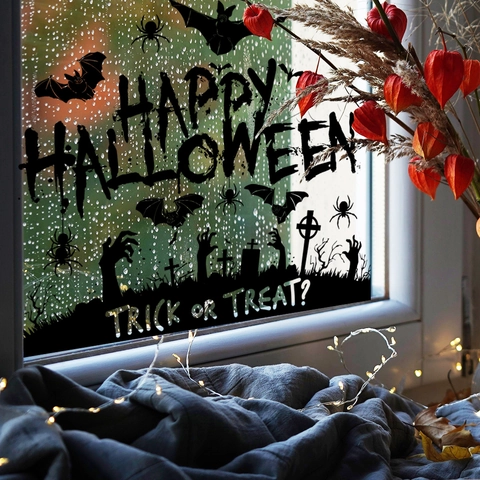 Halloween Window Stickers PVC Silhouette Happy Halloween Bats Spiders Decals For Glass Surface Party Decor Novelty