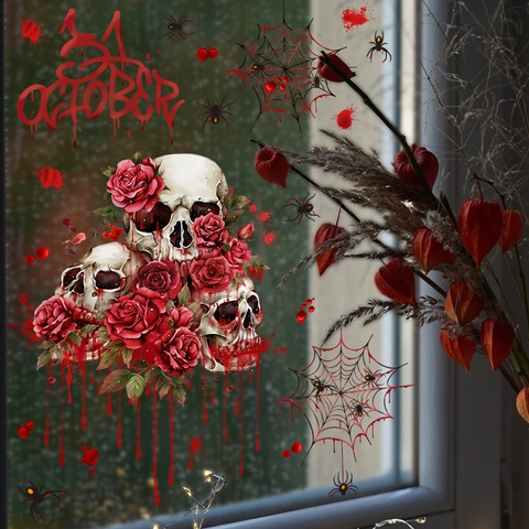 Halloween Window Clings Static Sticker PVC Skull Rose Blood Gothic Home Decor Party Supplies Horror Window Decoration