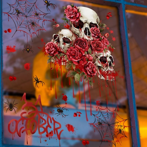 Halloween Window Clings Static Sticker PVC Skull Rose Blood Gothic Home Decor Party Supplies Horror Window Decoration